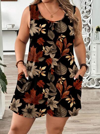 EMERY ROSE Macacão Casual Estampa de Folha Plus Size