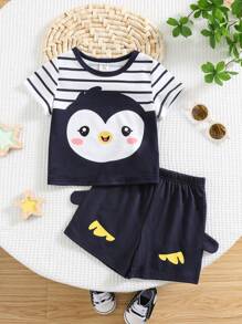 SHEIN 2 stuks/set babyjongens casual schattige cartoon pinguïn print kleurblok ronde hals verlaagde schouders losse gebreide korte mouwen top & shorts 2-delige outfitset voor lente/zomer