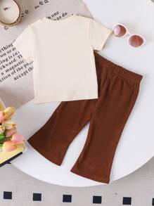 Baby Girl 2024 Summer Vacation Fashionable American Retro Letter Print T-Shirt For Toddlers+Casual Flare Pants Set