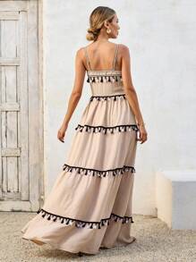 SHEIN VCAY 女士度假拼布流苏肩带超长连衣裙