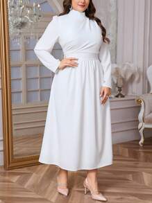 SHEIN Privé 大码女式优雅日常简约精致浪漫迷人通勤鸡尾酒会约会荷叶边泡泡袖收腰喇叭下摆长连衣裙，白色，春/秋 - 白色 - 查看 7