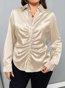 Firerie Blusa de mujer de tallas grandes de unicolor elegante con diseño plisado dorado para fiesta