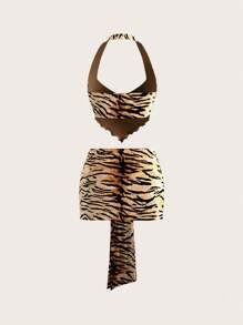 SHEIN ICON 2 pièces Ensemble de hauts sans dos à col montant et mini-jupe moulante à taille basse motif rayures de tigre Y2K pour l'été