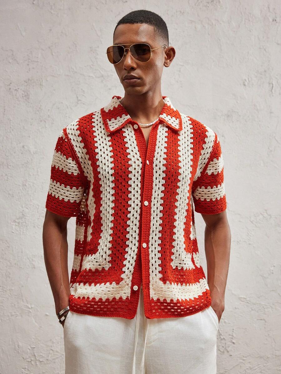 AKNOTIC Party Men Knitted Fitted Turndown Collar Short Sleeve Casual Cardigan Fall Sweater, Suitable For Daily Wear - Red and White - View 1