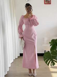 Rafferiza 莲藕袖高开叉收腰连衣裙，优雅粉色女士长裙，适合情人节 - 粉色 - 查看 6