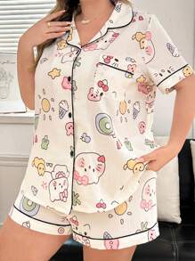 SHEIN 大码趣味卡通云朵印花柔软睡衣套装 - 米色 - 查看 2