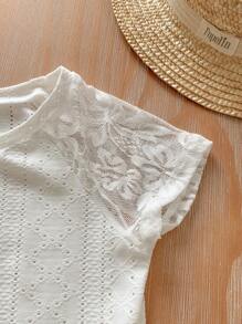 Girls' Solid Color Knit T-Shirt With Lace Net Mesh Insert And Raglan Sleeve
