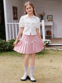 SHEIN 少女白色腰部短上衣，3D 黑色蝴蝶结点缀，短泡泡袖，优雅校园风格 - 白色 - 查看 6