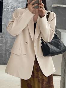 DAZY Women's Casual Office Double-Breasted Loose Blazer Business Attire - Khaki - View 2