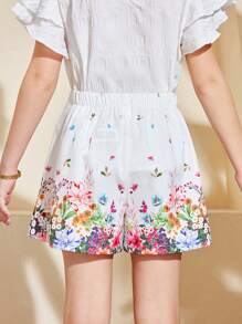 SHEIN Tween Girls Floral Print Pleated Casual Shorts, Suitable For Spring Outing, Vacation, Afternoon Tea In The Garden, Casual Outings, French Elegance, Mommy And Me Matching Outfits - White - View 3