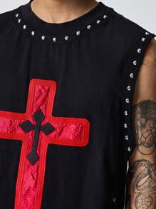 ROMWE MEN Street Life Men's Punk Cross Print Round Neck Casual Tank Top - Black - View 5