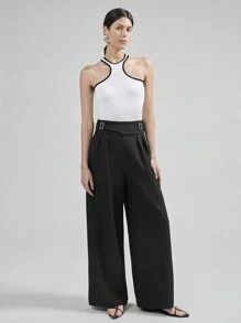 Ontre 2025 女式高腰金属扣细节宽松阔腿裤，简约设计，城市通勤风格