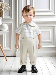 SHEIN Leap Crew 2 pièces/set Chemise casual à col claudine et salopette pour bébé garçon dans un style élégant, convient pour les occasions de printemps/été comme les anniversaires, baptêmes, 1er anniversaire, cérémonies, représentations, mariages