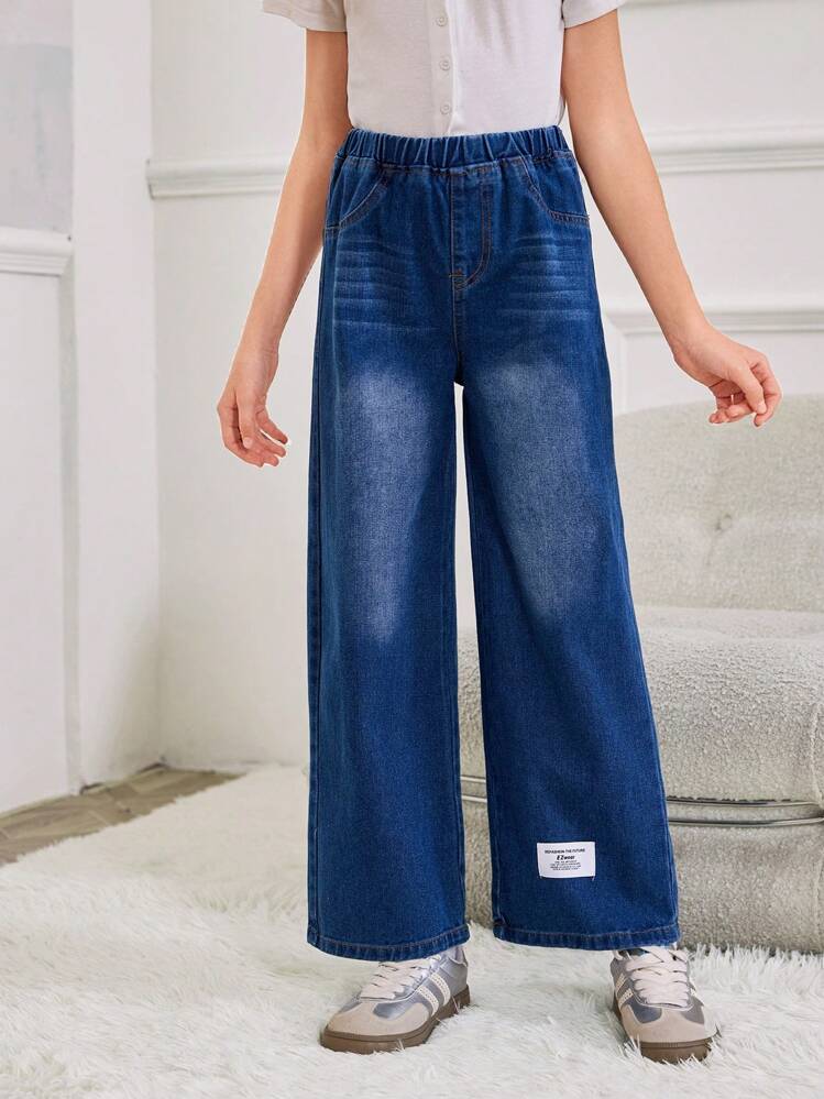 Girls Y2K Style Washed Blue Wide Leg Casual Loose Fit Jeans With Decorative Ankle Patch, Simple Fashionable And Versatile Design For Daily Wear - Dark Wash - View 3