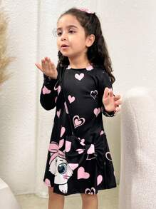 Knitted Loose Casual Cat Print Round Neck Dress And Crossbody Bag For Young Girls - Black - View 8