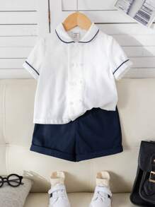 SHEIN 2 件套男婴休闲彼得潘领撞色短袖衬衫和松紧腰短裤套装，适合生日派对、洗礼、1 岁生日庆祝、晚会、表演、婚礼、婴儿洗礼、春夏装 - 藍色 - 查看 3