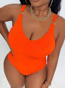 SHEIN Swim Curve Plus Size Women Summer Vacation Casual Solid Color One-Piece Swimsuit - Orange - View 1