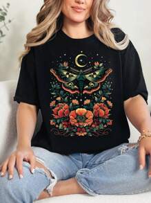 SHEIN LUNE Áo thun hình con bướm với những bông hoa đầy màu sắc và mặt trăng, áo thun Butterfly Vibe, phong cách thời trang cổ điển, phù hợp cho mùa xuân và mùa hè - màu đen - Xem 3