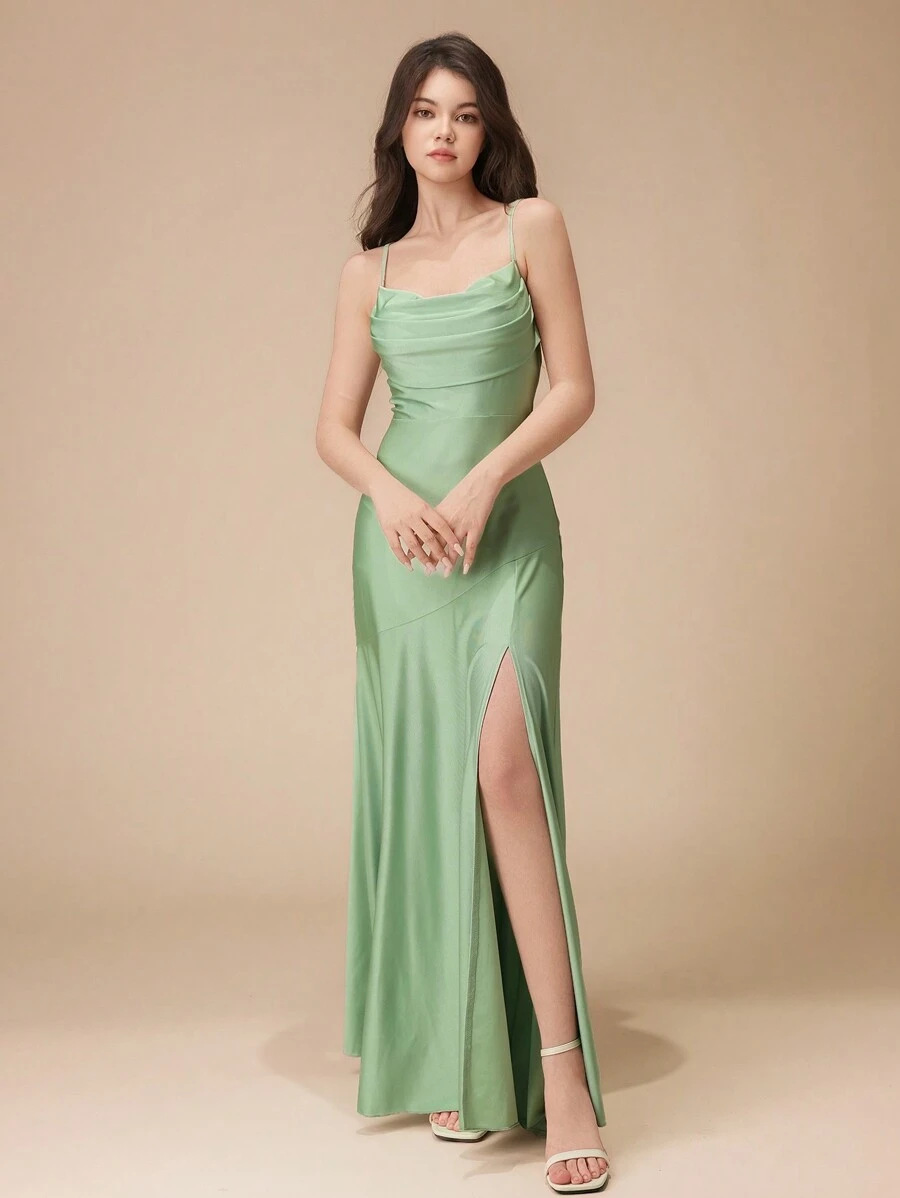 Fashions Teen Girl Green Simple And Generous Off The Shoulder Backless Shrinkage High-Split To The Leg Crossover Asymmetrical Fashionable Personalized Ruffles Halter Homecoming Dresses - Green - View 1