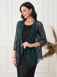 Mulvari Conjunto de 2 piezas para mujer con abrigo largo de encaje y vestido, ajuste casual slim