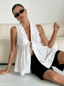 SHEIN Essnce 女士纯色系带前无袖褶皱休闲衬衫 - 白色 - 查看 2