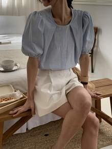 DAZY Blusa estiva da donna casual con girocollo, a tinta unita, con maniche a sbuffo e volant
