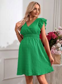 SHEIN Maternity Solid Color Casual Romantic Holiday Ruffle Sleeve V-Neck Blouse - Green - View 4