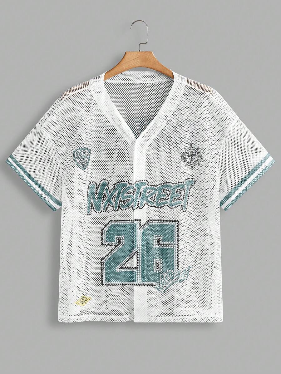 Manfinity VCAY Plus Size Men's Loose Street-Style Sports White Numeric Print Short Sleeve Mesh Baseball Shirt - Multicolor - View 1