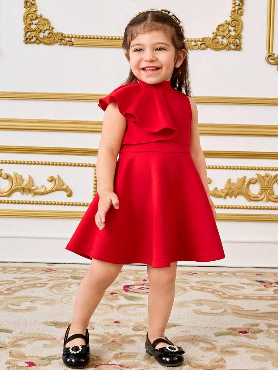 SHEIN Baby Girl Palace Style Ruffled Collar Sleeveless Midi Dress - Red - View 1