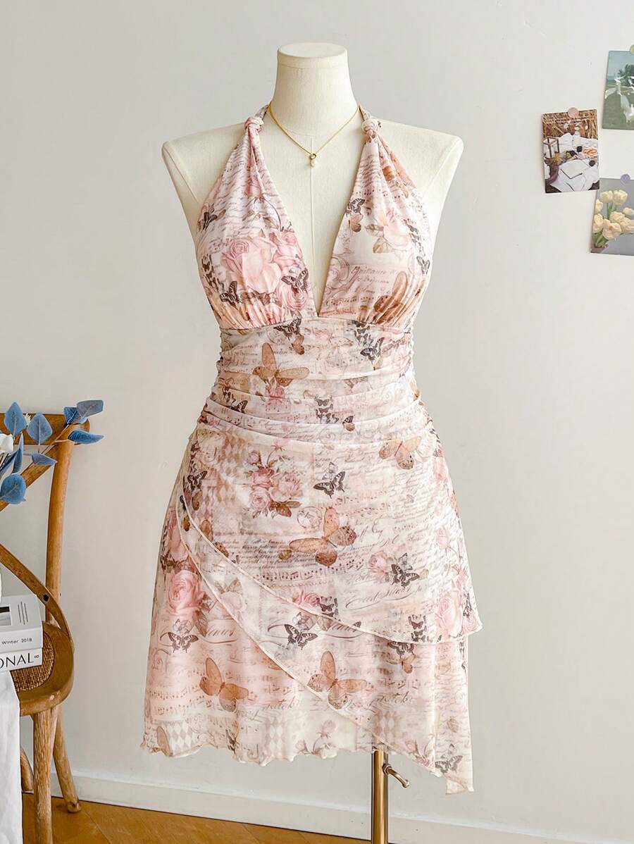 Soleia Plus Size Women Boho Vintage Floral Print Halter Waist Ruched Asymmetrical Hem Mini Dress, Spring, For Summer - Multicolor - View 1