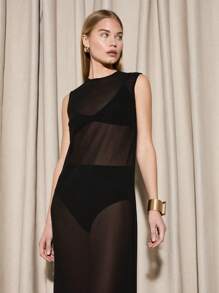 AiiRZ Sheer Mesh Column Maxi Dress Evening Party See Through Layered Sleeveless Long Dress With Built-In Undergarments Modern Elegant Design - Black - View 4