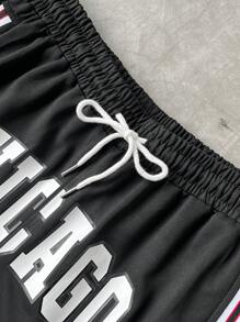 Manfinity Campus Court 男式撞色字母数字印花抽绳腰短裤