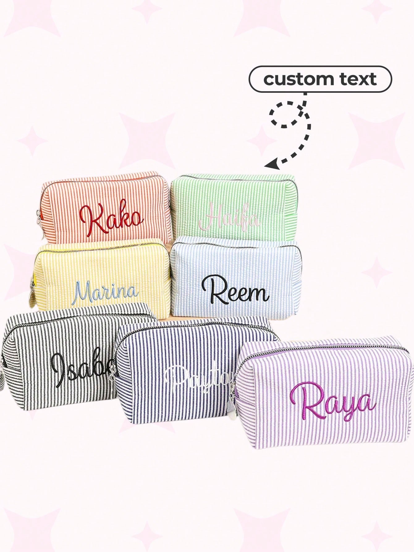 Personalized Bridesmaid Makeup Bag, Seersucker Large Capacity Cosmetic Organizer, Monogrammed Embroidered Toiletry Bag, Custom Bridal Gifts For Her, Family, Friends, Girlfriend, Ideal For Anniversaries, Birthdays, Holiday, Travel, Outdoors, School, Office, Teacher, Teen, College And Business Use