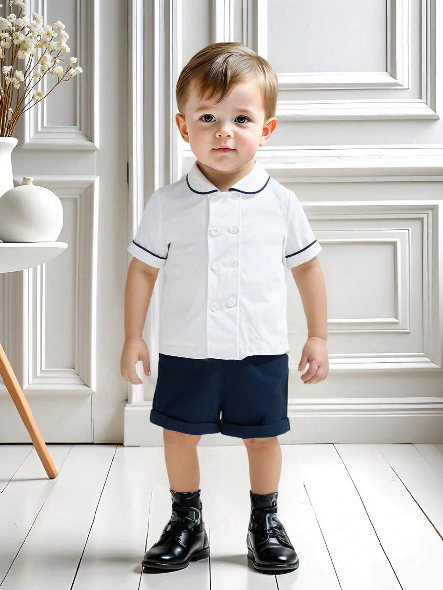 SHEIN 2 件套男婴休闲彼得潘领撞色短袖衬衫和松紧腰短裤套装，适合生日派对、洗礼、1 岁生日庆祝、晚会、表演、婚礼、婴儿洗礼、春夏装 - 藍色 - 查看 1