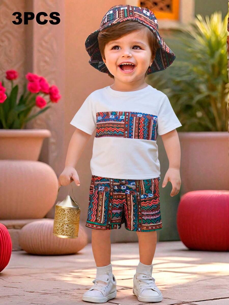 SHEIN Bộ 2 món áo thun cổ tròn màu tương phản thường ngày cho bé trai, quần short và mũ, trang phục 3 món, thích hợp cho mùa xuân hè, mặc ở nhà và ngoài trời, mặc khi đi du lịch và ngày lễ - Đỏ - Xem 1