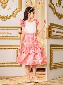 SHEIN Tween Girls Elegant Summer Party 2 Pieces Set,White And Pink Textured Floral Sleeve Crop Top & Rose Jacquard Satin A-Line Skirt Luxurious Outings - Multicolor - View 5