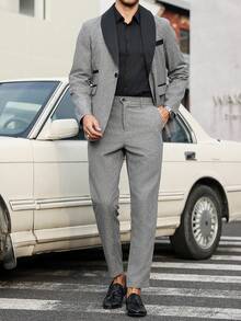 Manfinity Mode Men's Contrast Color Shawl Collar Long Sleeve Suit Jacket And Pants 2 Pieces Set Pants Suits For Men's Suit And Pants Men's Suit Formal Men Casual Suit - Grey - View 1