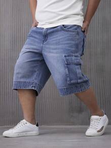 Manfinity Homme Plus Size Men's Cargo Pocket Wide Leg Casual Denim Shorts - Medium Wash - View 3