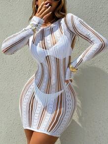 Swim SXY Women Sexy Round Neck Hollow Out Back Sheer Cover Up Summer