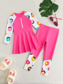 Girls 2pcs Bikini Set, Suspender Crop Top With Cute Donut Pattern Zipper & Printed Pants, Splicing Design - Multicolor - View 3