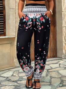 Breezaya 大码女式夏季度假彩色花卉印花宽松抽绳腰部慢跑裤，带侧袋
