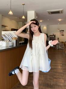 DAZY 女士甜美蝴蝶欧根纱拼布背心，可爱青春，无袖夏季娃娃装上衣 - 杏色 - 查看 10