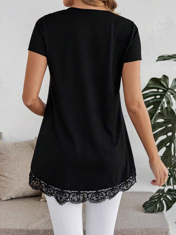Women's Casual Solid Color Lace Patchwork High Low T-Shirt