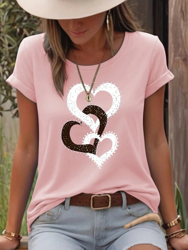 SHEIN Damen Lässig T-Shirt mit Herz Muster, Rundhalsausschnitt, Kurzarm, für den Sommer, Neujahrsbekleidung, bedruckte Grafik T-Shirts, Damenshirts