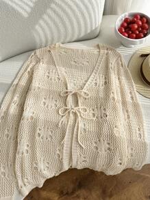 SHEIN Privé New Loose Crochet Lace Tie-Front Open Cardigan, European And American Casual Style, Suitable For Beach/Resort, Spring/Summer Women