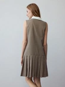 MOTF STUDIO 千鸟格褶饰下摆连衣裙 - 卡其色 - 查看 2