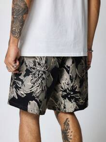 ROMWE MEN Goth Men's Front Tie Waist Print Splice Casual Shorts, Daily Leisure Wear Vacation