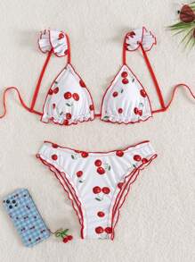 Swim Mod Women's Cherry Print Frill Trim Sexy Bikini Set, Vacation, For Summer Beach - Multicolor - View 1
