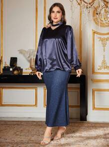 Modelyn Elegant High Collar Digital Print 2 Pieces Set For Plus Size - Royal Blue - View 4