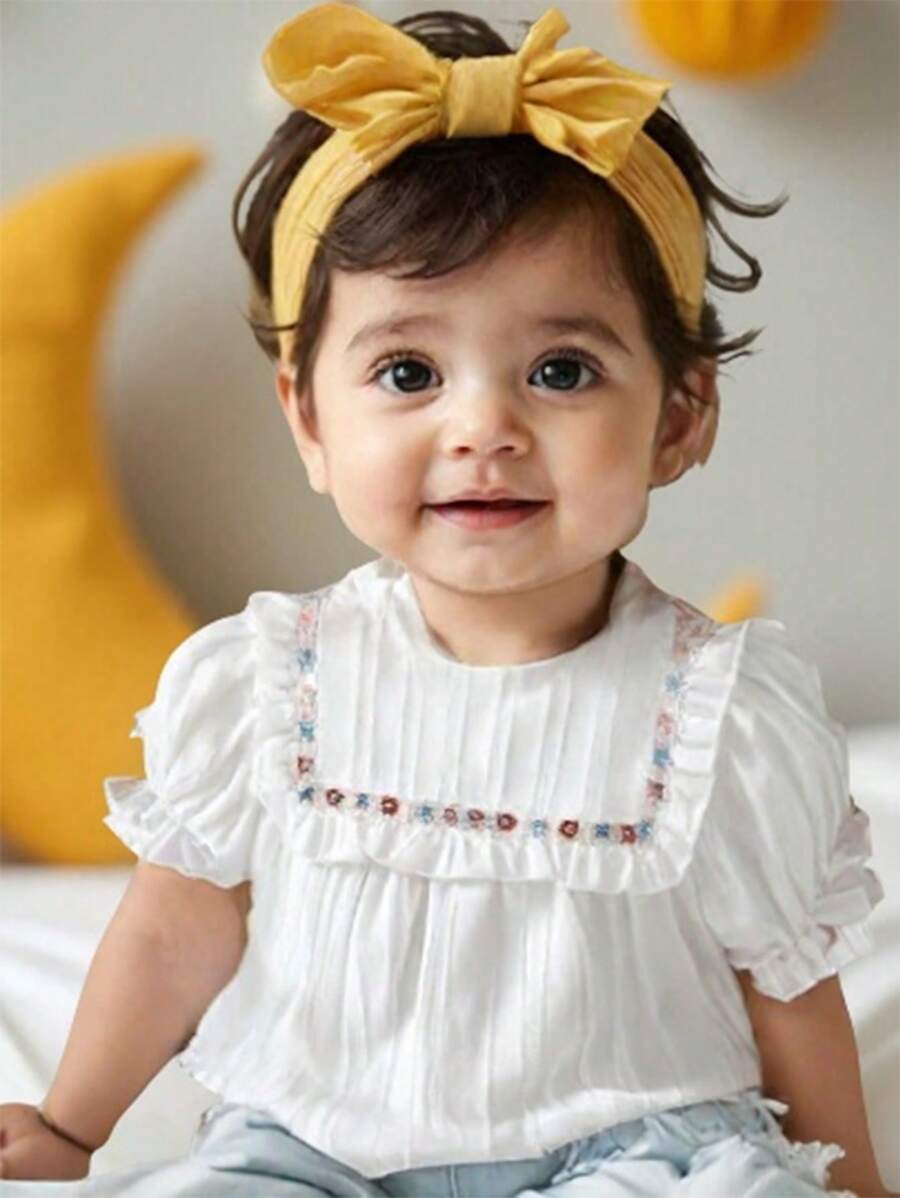 Baby Girl White Round Neck Princess Ruffle Top Sweet Suitable For Outdoor Wear - White - View 1